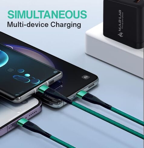 M A D LAB Multi Charging Cable; 100W Fast Charging; 480Mbps Data (Type C); Nylon Braided; 4;3 Ft USB C to USB C; USB C to Micro USB; USB C to Lightning Cable for iPhone; iPad; Android; Laptop; Tablet in Kuwait