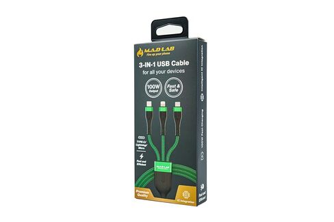 M A D LAB Multi Charging Cable; 100W Fast Charging; 480Mbps Data (Type C); Nylon Braided; 4;3 Ft USB C to USB C; USB C to Micro USB; USB C to Lightning Cable for iPhone; iPad; Android; Laptop; Tablet in Kuwait