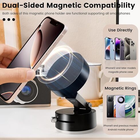 Foldable Magnetic Vacuum Phone Holder, 180° Adjustable Car Mount with Electric Suction, Universal Hands-Free Stand for Car Dashboard Gym Mirror Kitchen in Kuwait