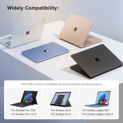 شاحن USB-C بقدرة 45 وات متوافق مع محول الطاقة Surface pro 10/X/11/12، متوافق مع محول الطاقة للكمبيوتر المحمول والكمبيوتر اللوحي Microsoft Surface من النوع C in Kuwait