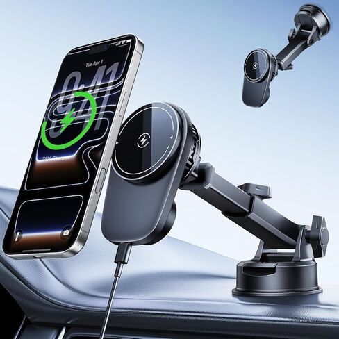 Long-arm Wireless Magnetic Car Phone Holder Mount with Cooling Fan & RGB Lights, 15W Fast Charging Auto-Rotate Charger for iPhone 17/16/15/14/13/12 S25 Samsung Google, Car Air Vent Mount in Kuwait