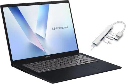 ASUS Vivobook 14 بوصة FHD+ كمبيوتر محمول Copilot+ PC |Snapdragon X X1-26-100 |رسومات Qualcomm Adreno|كاميرا|أزرق| ذاكرة وصول عشوائي 16 جيجابايت DDR5 | 512 جيجابايت SSD | Windows 11 Home | حزمة مع محور USB 3.0 in Kuwait