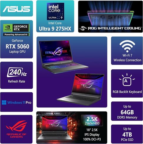 ASUS ROG Strix G18 G815 Gaming AI Laptop 18" 2560x1600 240Hz 100% DCI-P3 Intel 24-core Ultra 9 275HX 32GB DDR5 2TB SSD GeForce RTX 5060 (Up to 572 AI Tops) 4-Zone RGB Backlit WiFi7 Win11Pro ICP Hub in Saudi Arabia