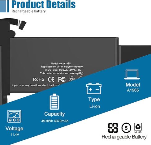 A1965 Laptop Battery Replacement for MacBook Air 13" Retina (2018 2019, Early 2020) EMC 3184 3302 MRE82 MRE92 MVFH2 MWTJ2 MVH22 MacBookAir8,1 8,2 9,1 Series A1932 A2179 11.4 V 55 Wh 4800 mAh in Kuwait