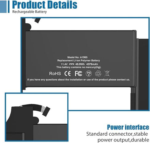 A1965 Laptop Battery Replacement for MacBook Air 13" Retina (2018 2019, Early 2020) EMC 3184 3302 MRE82 MRE92 MVFH2 MWTJ2 MVH22 MacBookAir8,1 8,2 9,1 Series A1932 A2179 11.4 V 55 Wh 4800 mAh in Kuwait