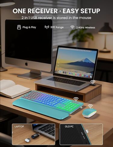 مجموعة لوحة مفاتيح وماوس لاسلكية، إضاءة خلفية RGB، حروف قابلة لإعادة الشحن والإضاءة، حجم كامل، كتابة ناعمة، وضع السكون، مجموعة لوحة مفاتيح هادئة 2.4 جيجا هرتز لأجهزة Mac، Windows، الكمبيوتر المحمول، الكمبيوتر الشخصي، Trueque KM42Pro in Kuwait