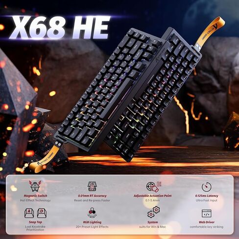 مجموعة ألعاب X68 HE & X11 ULTRA Pro: لوحة مفاتيح ذات محور مغناطيسي بسرعة 8000 هرتز و59 جرام من ألياف الكربون ماوس لاسلكي ثلاثي الأوضاع 8K، PAW3950MAX 42K DPI، Nordic 54L15، لمسات CNC مطلية بالذهب - أسود in Kuwait