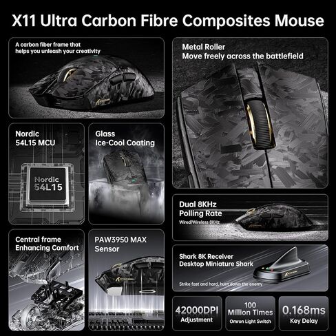 مجموعة ألعاب X68 HE & X11 ULTRA Pro: لوحة مفاتيح ذات محور مغناطيسي بسرعة 8000 هرتز و59 جرام من ألياف الكربون ماوس لاسلكي ثلاثي الأوضاع 8K، PAW3950MAX 42K DPI، Nordic 54L15، لمسات CNC مطلية بالذهب - أسود in Kuwait