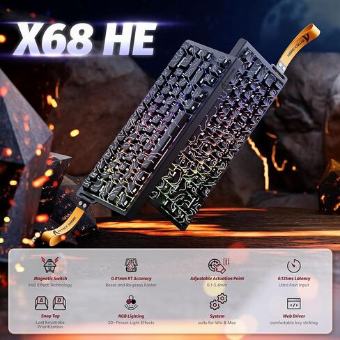 مجموعة ألعاب X68 HE وX11 ULTRA Pro: لوحة مفاتيح ذات محور مغناطيسي بسرعة 8000 هرتز وماوس لاسلكي ثلاثي الأوضاع من ألياف الكربون 59 جرام، PAW3950MAX 42K DPI، Nordic 54L15، لمسات CNC مطلية بالذهب، محيط أسود in Kuwait
