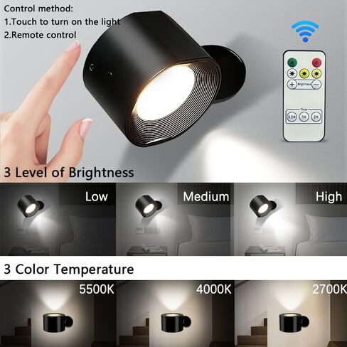 مصابيح قراءة LED قابلة لإعادة الشحن مثبتة على الحائط، مصباح مع منفذ شحن USB 3 درجات حرارة اللون ومستوى السطوع، تعمل باللمس وجهاز التحكم عن بعد، مصدر ضوء مزدوج لممر السرير in Kuwait
