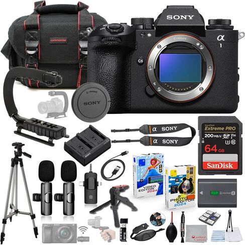 حزمة هيكل كاميرا Sony a1 II بدون مرآة فقط + نظام ميكروفون لاسلكي + حزمة ملحقات تتضمن ذاكرة فائقة سعة 64 جيجابايت، وقبضة U، وحقيبة، وحامل ثلاثي القوائم، وبرامج والمزيد (29 عنصرًا) in Kuwait