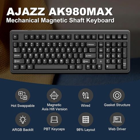 Ajazz AK980MAX لوحة مفاتيح ميكانيكية ذات محور مغناطيسي سلكي، لوحة مفاتيح مخصصة قابلة للتبديل بنسبة 98% مع إضاءة خلفية RGB، مفاتيح مشحمة مسبقًا، أغطية مفاتيح ABS، مناسبة لـ MAC/Win/Visa/PC in Kuwait