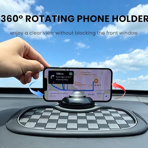 حصيرة متعددة الوظائف مضادة للانزلاق للسيارة، حامل هاتف قابل للدوران 360 درجة، لوحة رقم وقوف السيارات المؤقتة المخفية، حصيرة مضادة للانزلاق والتخزين (نمط مربعات أسود ورمادي) in Kuwait