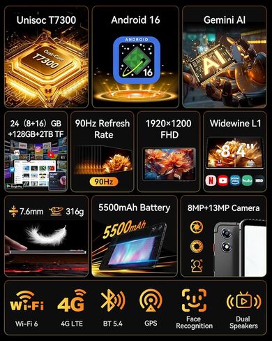 تابلت 8.4 بوصة Android 16 مع Gemini AI، Unisoc T7300 ثماني النواة 24(8+16) جيجابايت ذاكرة الوصول العشوائي 128 جيجابايت ROM 2 تيرابايت TF، FHD 90 هرتز محمول BPad T1، كاميرا 13 ميجابكسل 4G LTE وWi-Fi 6 & BT5.4 & GPS 5500 مللي أمبير مع حافظة واقية in Kuwait