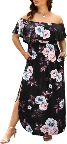 Nemidor Women's Upper Flounce Layer Off Shoulder Plus Size Slit Maxi Dress NEM200 in Saudi Arabia