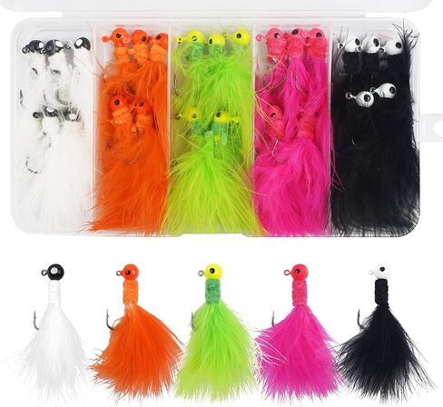 Fishing Jig Heads Crappie Jigs, 25pcs Marabou Jigs Lures Round Ball Head Jig Hooks Hair Jig Feather Fishing Lures for Bass Sunfish Trout Walleye Panfish 1/8oz 1/16oz 1/32oz in Kuwait