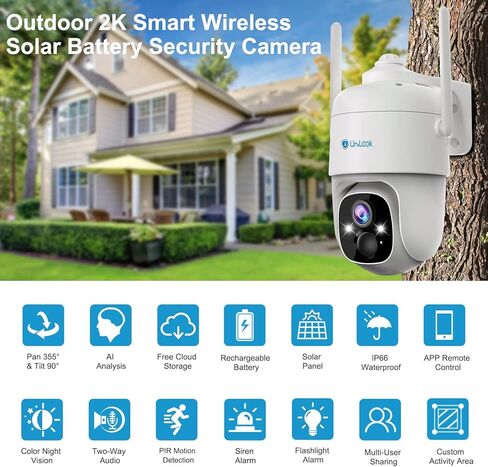 Unilook 2K Solar Wireless Security Camera Outdoor, 3MP Solar Security Cameras Wireless Outdoor Wi-Fi, 360° PTZ Solar Powered Wireless Camera, with Solar Panel & Smart AI & 2-Way Talk, Cloud/SD Storage in Kuwait