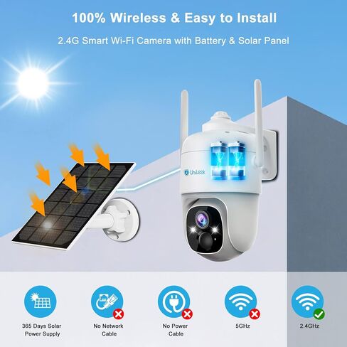 Unilook 2K Solar Wireless Security Camera Outdoor, 3MP Solar Security Cameras Wireless Outdoor Wi-Fi, 360° PTZ Solar Powered Wireless Camera, with Solar Panel & Smart AI & 2-Way Talk, Cloud/SD Storage in Kuwait