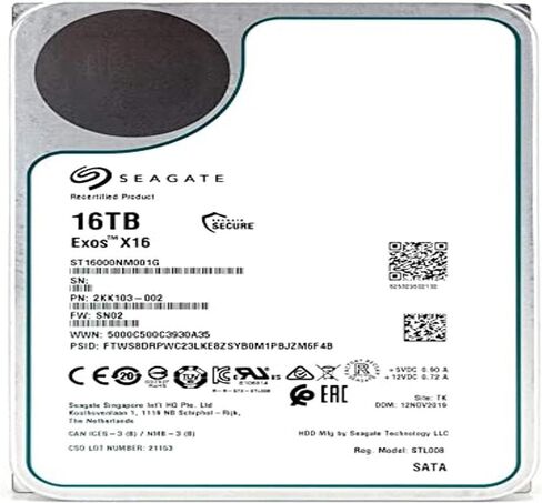 Seagate 16 تيرابايت Exos X16 7200 RPM 512e/4Kn SATA 6 جيجابايت/ثانية 256 ميجابايت كاش 3.5 بوصة محرك الأقراص الصلبة للمؤسسات ST16000NM001G (متجدد) in Kuwait