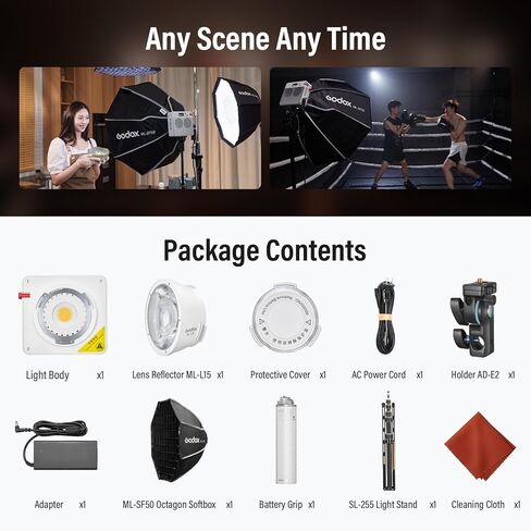 مصباح فيديو Godox ML100Bi 120 وات LED مع قبضة بطارية/حامل إضاءة ثنائي اللون 2800K-6500K 33200Lux@1m، إضاءة COB مستمرة للإخراج CRI 97+ TLCI 98+، التحكم في التطبيق، شحن USB-C، 11 تأثيرات FX in Kuwait