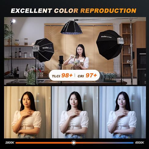 مصباح فيديو Godox ML100Bi 120 وات LED مع قبضة بطارية/حامل إضاءة ثنائي اللون 2800K-6500K 33200Lux@1m، إضاءة COB مستمرة للإخراج CRI 97+ TLCI 98+، التحكم في التطبيق، شحن USB-C، 11 تأثيرات FX in Kuwait