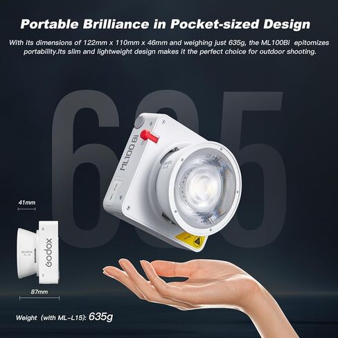 مصباح فيديو Godox ML100Bi 120 وات LED مع قبضة بطارية/حامل إضاءة ثنائي اللون 2800K-6500K 33200Lux@1m، إضاءة COB مستمرة للإخراج CRI 97+ TLCI 98+، التحكم في التطبيق، شحن USB-C، 11 تأثيرات FX in Kuwait