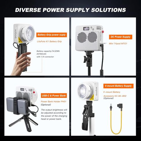 مصباح فيديو Godox ML100Bi 120 وات LED مع قبضة بطارية/حامل إضاءة ثنائي اللون 2800K-6500K 33200Lux@1m، إضاءة COB مستمرة للإخراج CRI 97+ TLCI 98+، التحكم في التطبيق، شحن USB-C، 11 تأثيرات FX in Kuwait