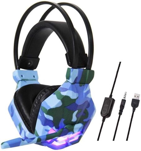 Camouflage Wired Headphones Headset-Headphones Gaming Headset for Video Games 3.5mm Over-Ear Stereo Gaming Headphone Microphone for N-Switch (Color : Gray) (Blue) in Kuwait