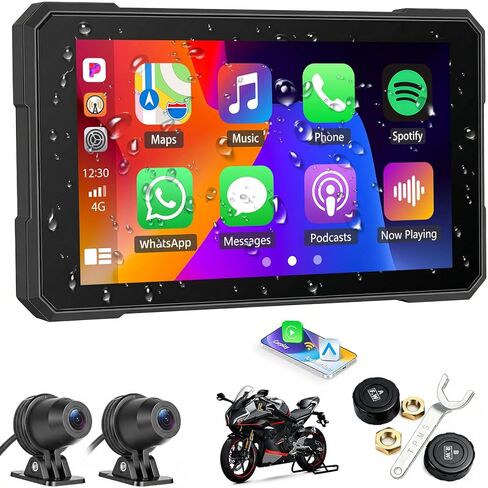شاشة SIXTOP CarPlay للدراجات النارية مع كاميرا HD 1080P مزدوجة داش كام لاسلكية Apple CarPlay & Android Auto TPMS Pantalla para Moto 5 بوصة IP67 شاشة لمس مقاومة للماء، بلوتوث، ملاحة GPS، التحكم الصوتي in Kuwait
