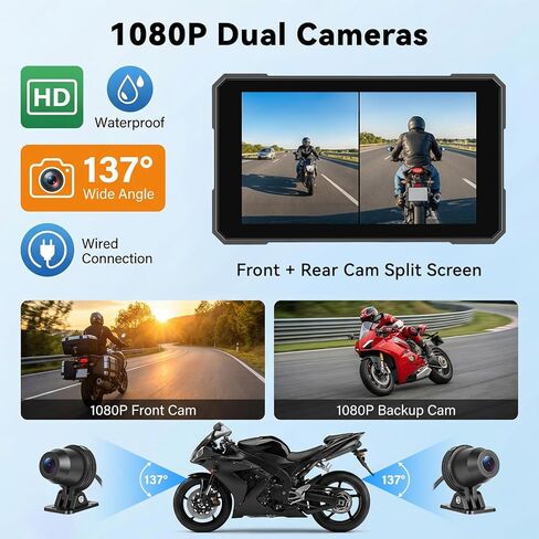 شاشة SIXTOP CarPlay للدراجات النارية مع كاميرا HD 1080P مزدوجة داش كام لاسلكية Apple CarPlay & Android Auto TPMS Pantalla para Moto 5 بوصة IP67 شاشة لمس مقاومة للماء، بلوتوث، ملاحة GPS، التحكم الصوتي in Kuwait