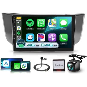 راديو 4G+64G لسيارة Lexus RX300 RX330 RX350 RX400H 2004-2009 مع DSP/Wireless Carplay/Android Auto، شاشة لمس 9 بوصة 1280P Android ستيريو بلوتوث 5.0 FM/RDS Mirrorlink كاميرا احتياطية in Kuwait