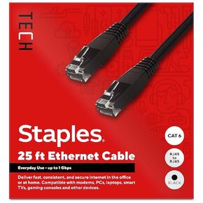كابل إيثرنت Staples TECH Cat 6، بطول 25 قدمًا، أسود، سلك توصيل شبكة عالي السرعة، RJ45 ذكر إلى ذكر لجهاز التوجيه/الكمبيوتر الشخصي in Kuwait