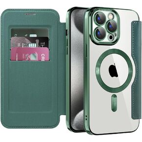 حافظة قابلة للطي لهاتف iPhone 16 Pro Max، غطاء جلدي شفاف مطلي بالكهرباء عالي التحمل 360 درجة، حماية الشحن اللاسلكي، مضادة للسرقة، فتحة بطاقة لهاتف Apple iPhone 16 Pro Max. دينار رمادي in Kuwait