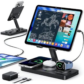 محطة شحن 5 في 1 لأجهزة Apple المتعددة ومحول 65 وات، كابل مدمج قابل للسحب بقدرة 30 وات كحد أقصى، حامل شحن سلكي سريع لأجهزة iPad/Tab، شاحن لاسلكي مغناطيسي قابل للطي لهاتف iPhone 17/iWatch/Buds in Kuwait