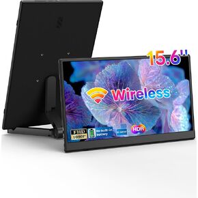 شاشة محمولة لاسلكية مقاس 15.6 بوصة، شاشة سفر FHD 1080P IPS للكمبيوتر المحمول، مستشعر G مدمج، USB-C وHDMI، حامل قابل للطي، حافظة واقية من البولي يوريثان، حامل VESA، حماية من الضوء الأزرق in Kuwait