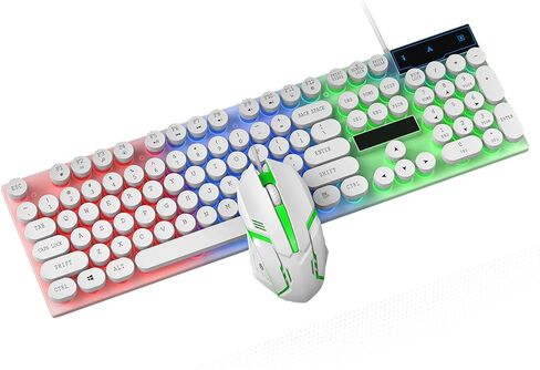 مجموعة لوحة مفاتيح وماوس للألعاب بإضاءة خلفية LED ملونة، USB سلكي، 104 مفاتيح و6 مفاتيح مضادة للظلال لأجهزة الكمبيوتر المحمول (أبيض) in Kuwait