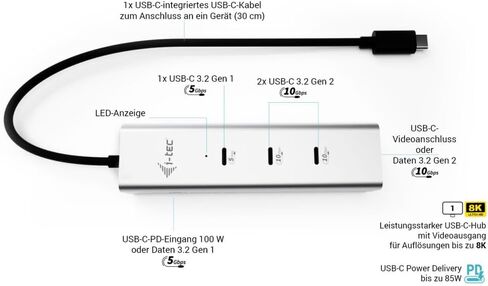 i-tec USB-C شحن محور معدني 5 منافذ مع USB-C فيديو 8K وتوصيل الطاقة 85 واط in Kuwait