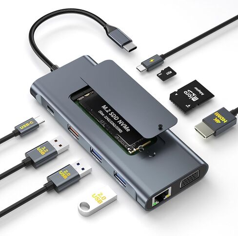 USB C Dock with M.2 NVMe SSD Enclosure, 10Gbps M.2 NVMe SSD Docking Station, USB C Hub with SSD Slot, Laptop Docking Station with 4K HDMI/PD100W/USB 3.2 Gen2/VGA/Gigabit LAN/SD/TF Card Reader in Kuwait