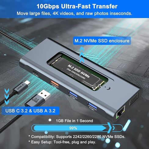 USB C Dock with M.2 NVMe SSD Enclosure, 10Gbps M.2 NVMe SSD Docking Station, USB C Hub with SSD Slot, Laptop Docking Station with 4K HDMI/PD100W/USB 3.2 Gen2/VGA/Gigabit LAN/SD/TF Card Reader in Kuwait