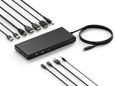 KENSINGTON SD4842P - قاعدة توصيل USB-C مع 3 مخارج فيديو عالية الدقة (1080p @ 120 هرتز)، طاقة 100 وات، 5 منافذ توصيل وشحن USB، غلاف خارجي مصنوع من مواد معاد تدويرها بنسبة 73% (K32810EU)، أسود in Kuwait
