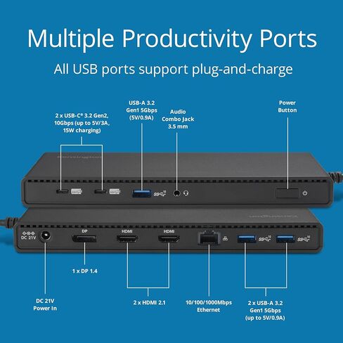 KENSINGTON SD4842P - قاعدة توصيل USB-C مع 3 مخارج فيديو عالية الدقة (1080p @ 120 هرتز)، طاقة 100 وات، 5 منافذ توصيل وشحن USB، غلاف خارجي مصنوع من مواد معاد تدويرها بنسبة 73% (K32810EU)، أسود in Kuwait