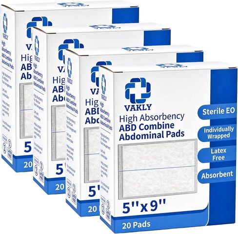 Vakly 100 ABD Combine Abdominal Pads 5x9 High Absorbency Sterile Individually Wrapped 5'' x 9'' Non-Adherent Absorbent Gauze - Heavy-Draining, Trauma and First Aid Wound Dressing in Saudi Arabia