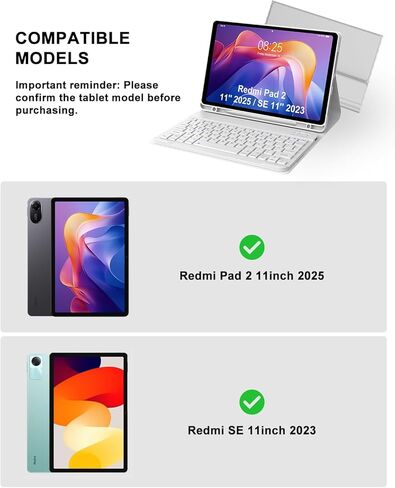 حافظة لوحة مفاتيح لجهاز Xiaomi Redmi Pad 2 11 بوصة 2025 وRedmi Pad SE 11 بوصة 2023 مع لوحة مفاتيح، غطاء لوحة مفاتيح لاسلكية قابلة للفصل مع فتحة قلم لجهاز Mi Pad2 11 بوصة 2025، عمر بطارية طويل، رمادي in Kuwait