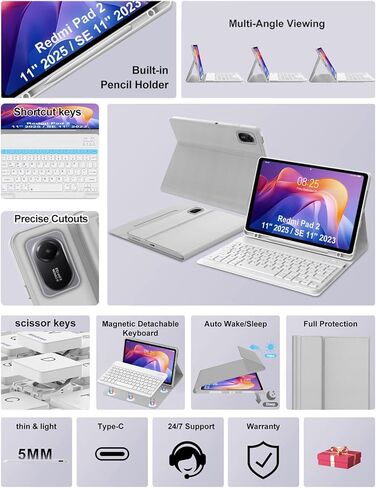 حافظة لوحة مفاتيح لجهاز Xiaomi Redmi Pad 2 11 بوصة 2025 وRedmi Pad SE 11 بوصة 2023 مع لوحة مفاتيح، غطاء لوحة مفاتيح لاسلكية قابلة للفصل مع فتحة قلم لجهاز Mi Pad2 11 بوصة 2025، عمر بطارية طويل، رمادي in Kuwait
