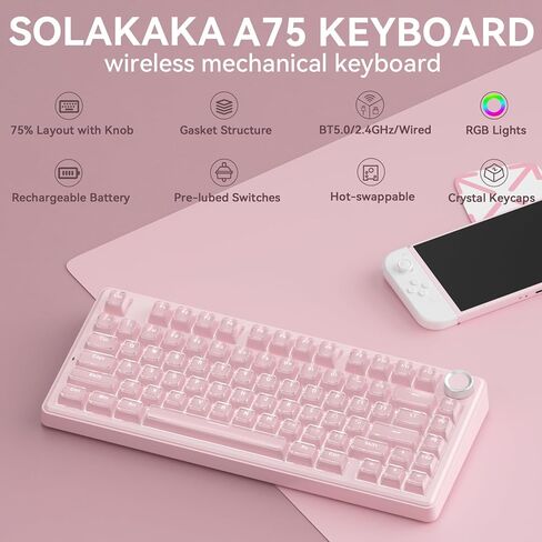 SOLAKAKA A75 وSM805، مجموعة لوحة مفاتيح وماوس لاسلكية للكمبيوتر الشخصي (A75 Crystal-Pink & SM805 White) in Kuwait