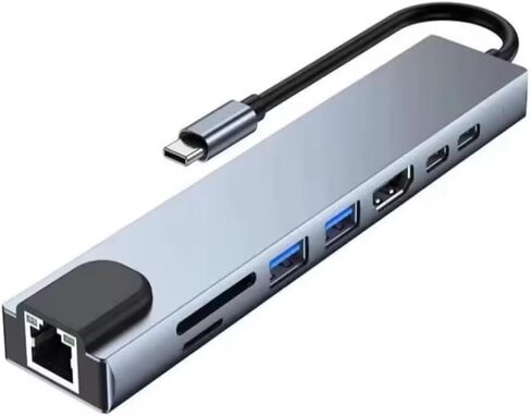 محطة إرساء USB C Hub (8 في 1) مع HDMI 4K@30 هرتز، RJ45 Ethernet، قارئ بطاقة SD/TF، ​​USB 3.0/2.0، PD 100W، دونجل من النوع C متوافق مع أجهزة الكمبيوتر المحمول اللوحية in Kuwait