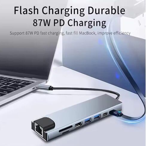 محطة إرساء USB C Hub (8 في 1) مع HDMI 4K@30 هرتز، RJ45 Ethernet، قارئ بطاقة SD/TF، ​​USB 3.0/2.0، PD 100W، دونجل من النوع C متوافق مع أجهزة الكمبيوتر المحمول اللوحية in Kuwait