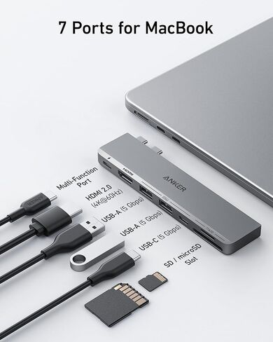 موزع Anker 547 USB-C (7 في 2)، متوافق مع منفذ Thunderbolt 4 USB C و4K HDMI وUSB C ومنفذي بيانات USB A 8K@60 هرتز، كابل HDMI فائق السرعة 4K@120 هرتز 48 جيجابت في الثانية 6.6 قدم in Kuwait