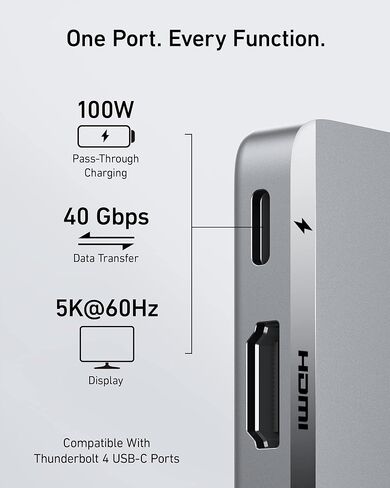 موزع Anker 547 USB-C (7 في 2)، متوافق مع منفذ Thunderbolt 4 USB C و4K HDMI وUSB C ومنفذي بيانات USB A 8K@60 هرتز، كابل HDMI فائق السرعة 4K@120 هرتز 48 جيجابت في الثانية 6.6 قدم in Kuwait