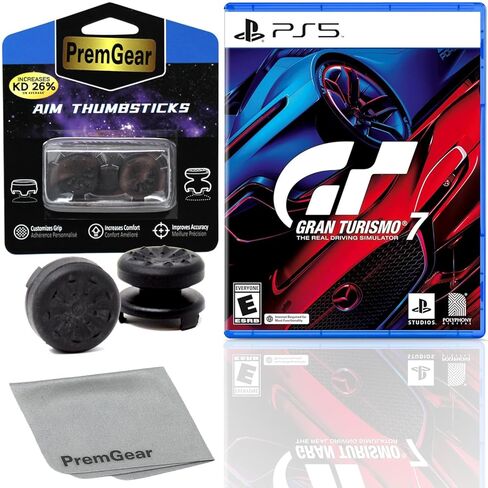 Gran Turismo 7 Standard Edition for PlayStation 5 (US Version), with PremGear ThumbSticks (2 pack: 1 High-Rise, 1 Mid-Rise) & Cleaning Cloth in Kuwait